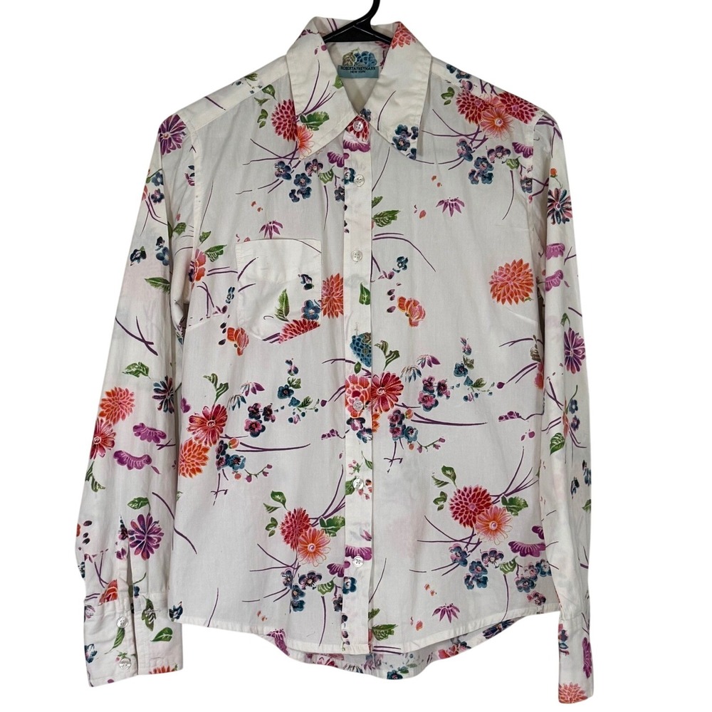 Roberta Freymann White Floral Print Preppy‎ Collared Button Up Blouse Shirt 14